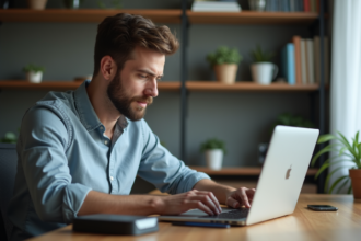 Homme concentré sur son ordinateur dans un bureau moderne