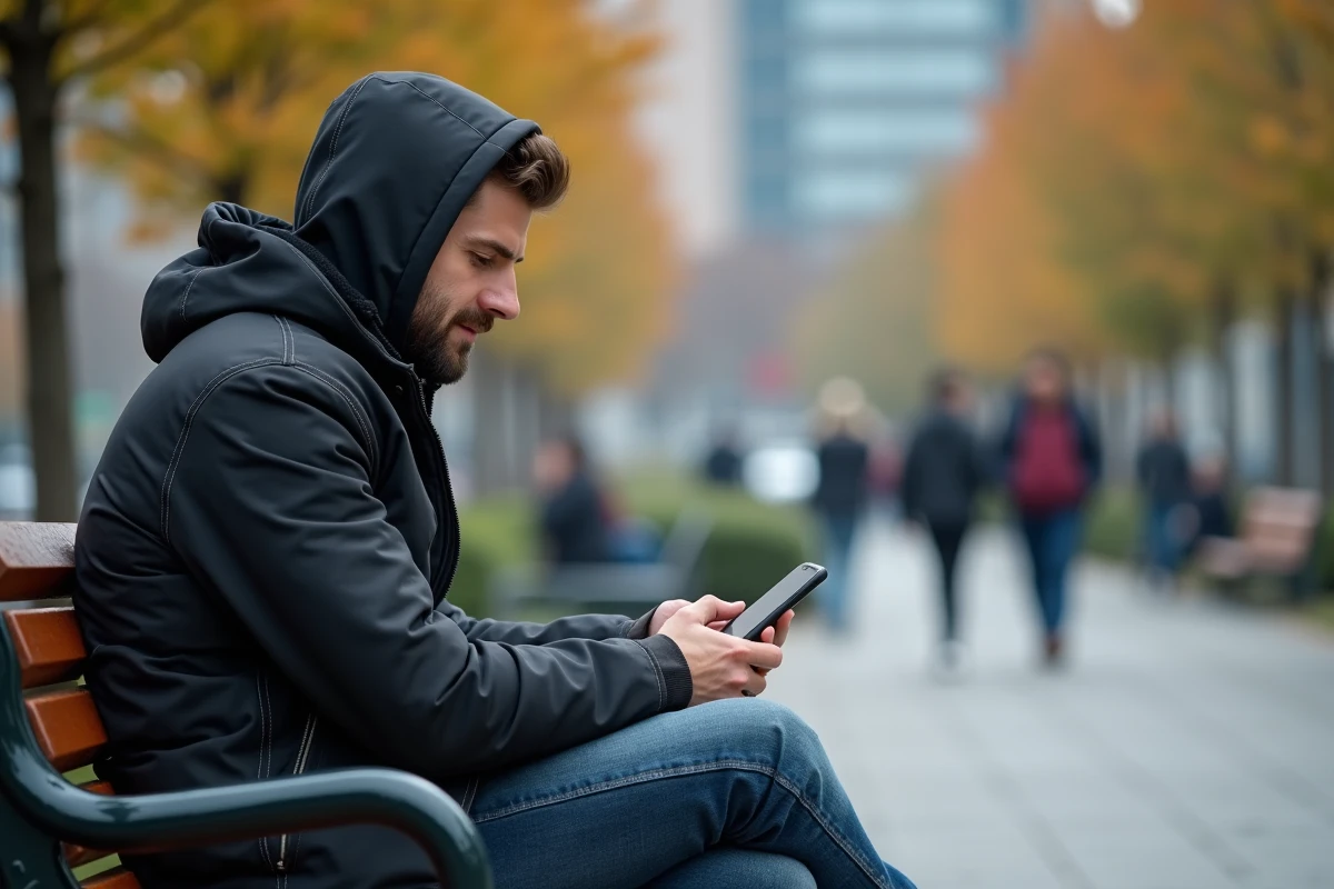 Homme assis sur un banc dans un parc urbain regardant son téléphone