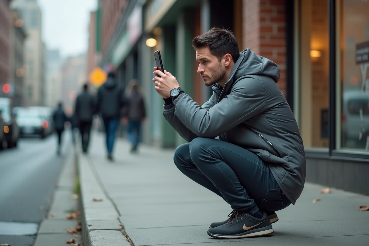 Photographe urbain utilisant un smartphone Android haut de gamme pour capturer une scène de rue en ville en 2026