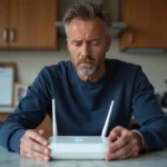 Homme examinant un routeur internet blanc à la maison