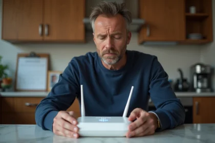 Homme examinant un routeur internet blanc à la maison