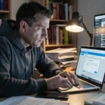 Homme inquiet devant un ordinateur portable affichant un site de téléchargement illégal avec avertissement