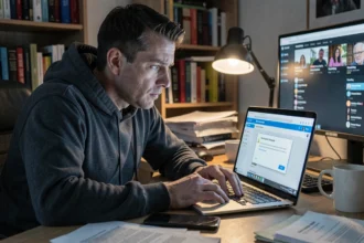 Homme inquiet devant un ordinateur portable affichant un site de téléchargement illégal avec avertissement