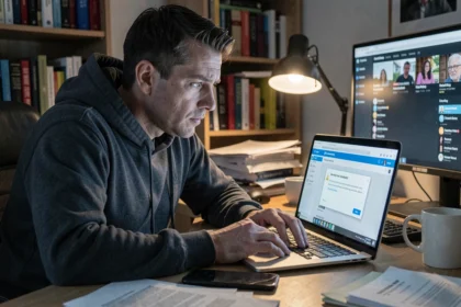Homme inquiet devant un ordinateur portable affichant un site de téléchargement illégal avec avertissement