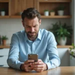 Homme en cuisine regardant son smartphone avec perplexite