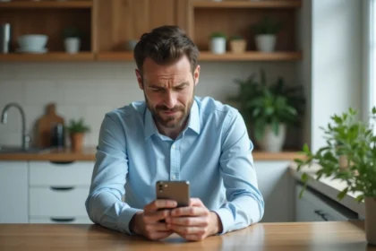 Homme en cuisine regardant son smartphone avec perplexite