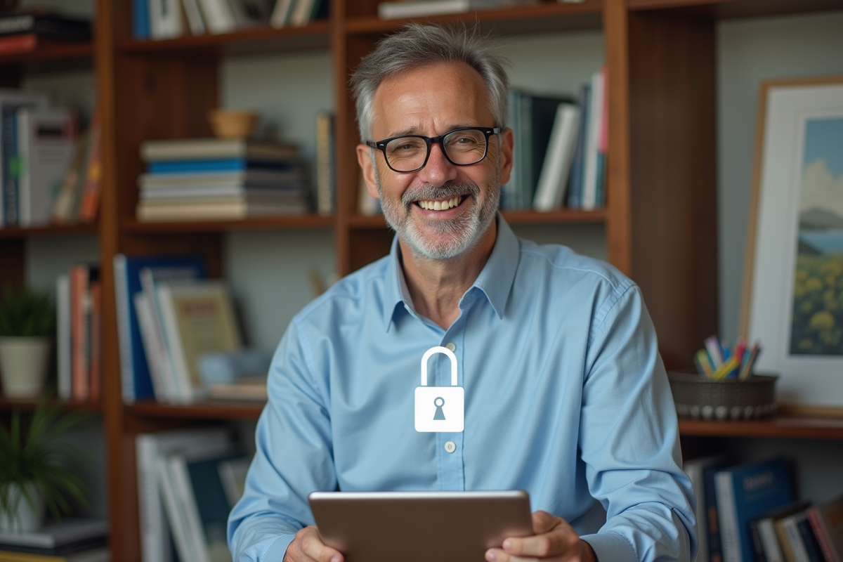 Homme souriant tenant une tablette avec un symbole de PDF verrouille