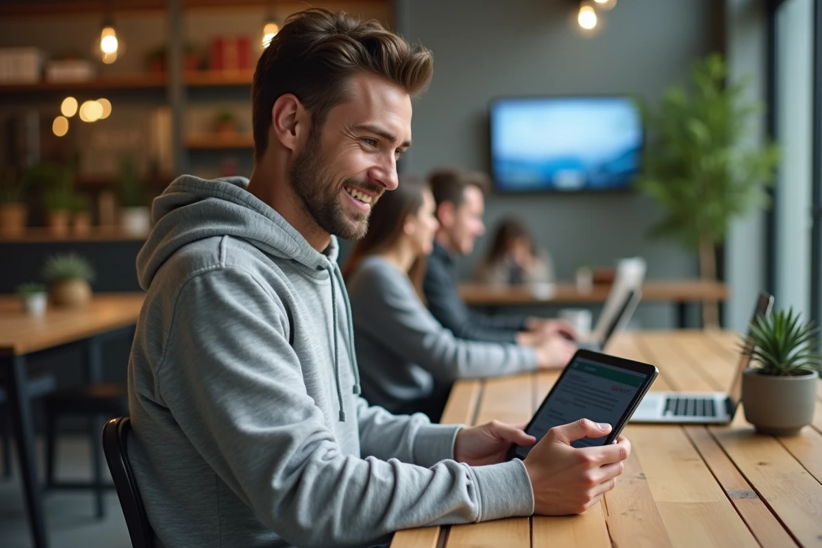 Homme souriant utilisant une tablette dans un espace de coworking