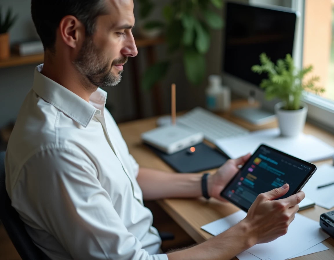 Homme en chemise blanche consultant une tablette Android affichant une erreur d'accès à l'interface du routeur domestique