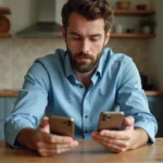 Homme dans la cuisine examine deux téléphones classiques