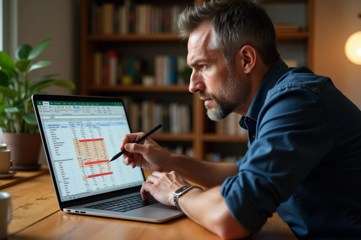 Homme en télétravail identifiant des doublons dans une feuille Excel avec mise en forme conditionnelle