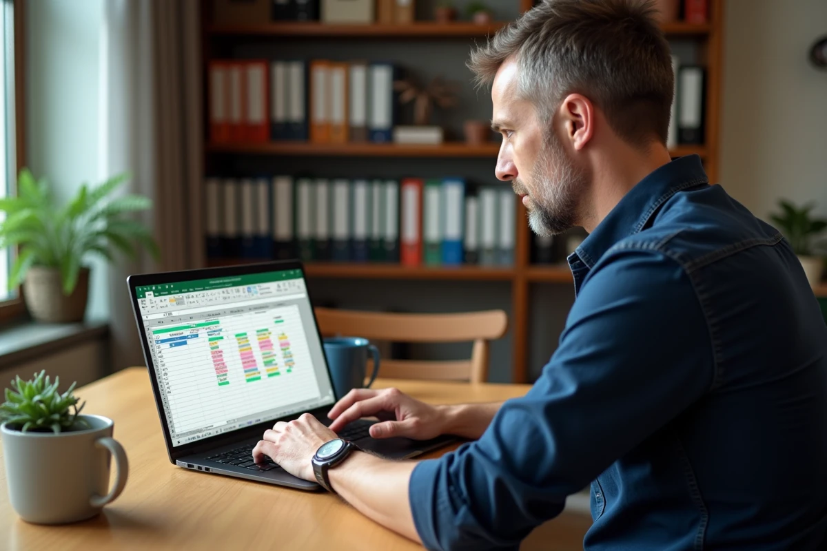Homme en télétravail identifiant et supprimant des doublons dans un fichier Excel sur laptop