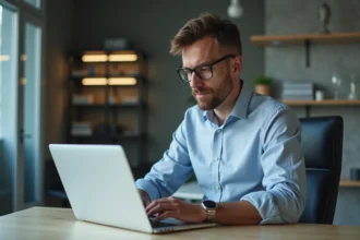 Homme concentré au bureau avec ordinateur moderne