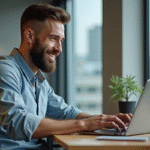 Homme d'âge moyen travaillant sur un ordinateur dans un bureau moderne