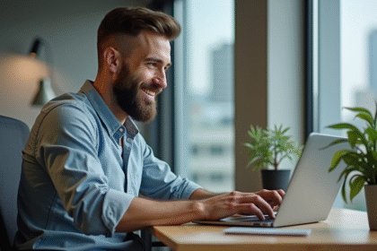 Homme d'âge moyen travaillant sur un ordinateur dans un bureau moderne