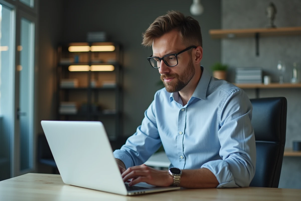 Homme concentré au bureau avec ordinateur moderne