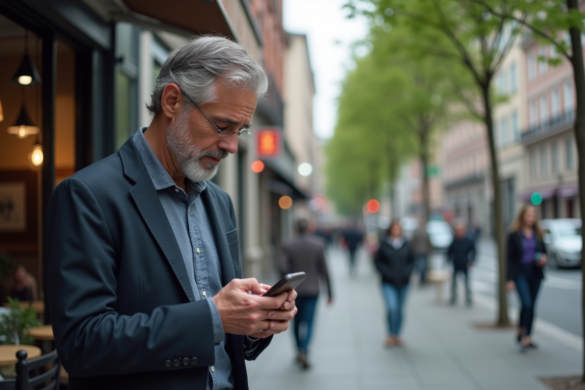 Homme d affaires regardant son smartphone devant un café en ville