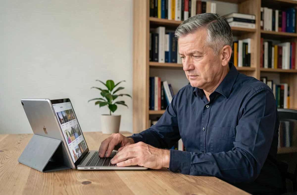 Homme consultant la galerie Samsung Cloud sur tablette et ordinateur portable dans un bureau à domicile