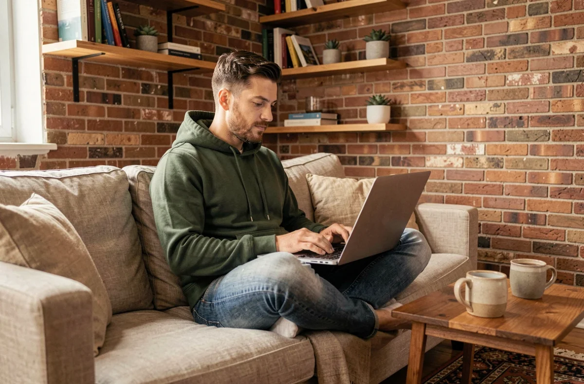 Homme utilisant sa messagerie webmail sur un ordinateur portable depuis son bureau à domicile confortable