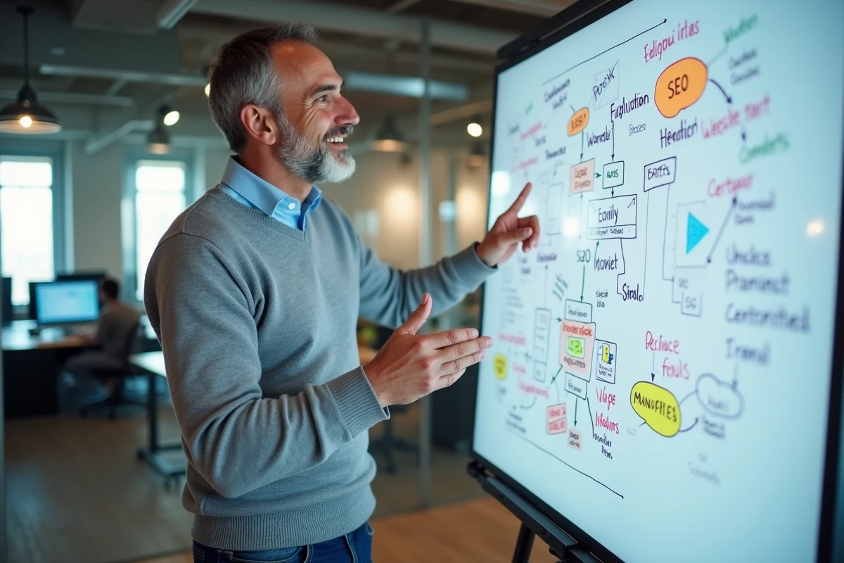 Homme expliquant des diagrammes SEO sur un tableau blanc