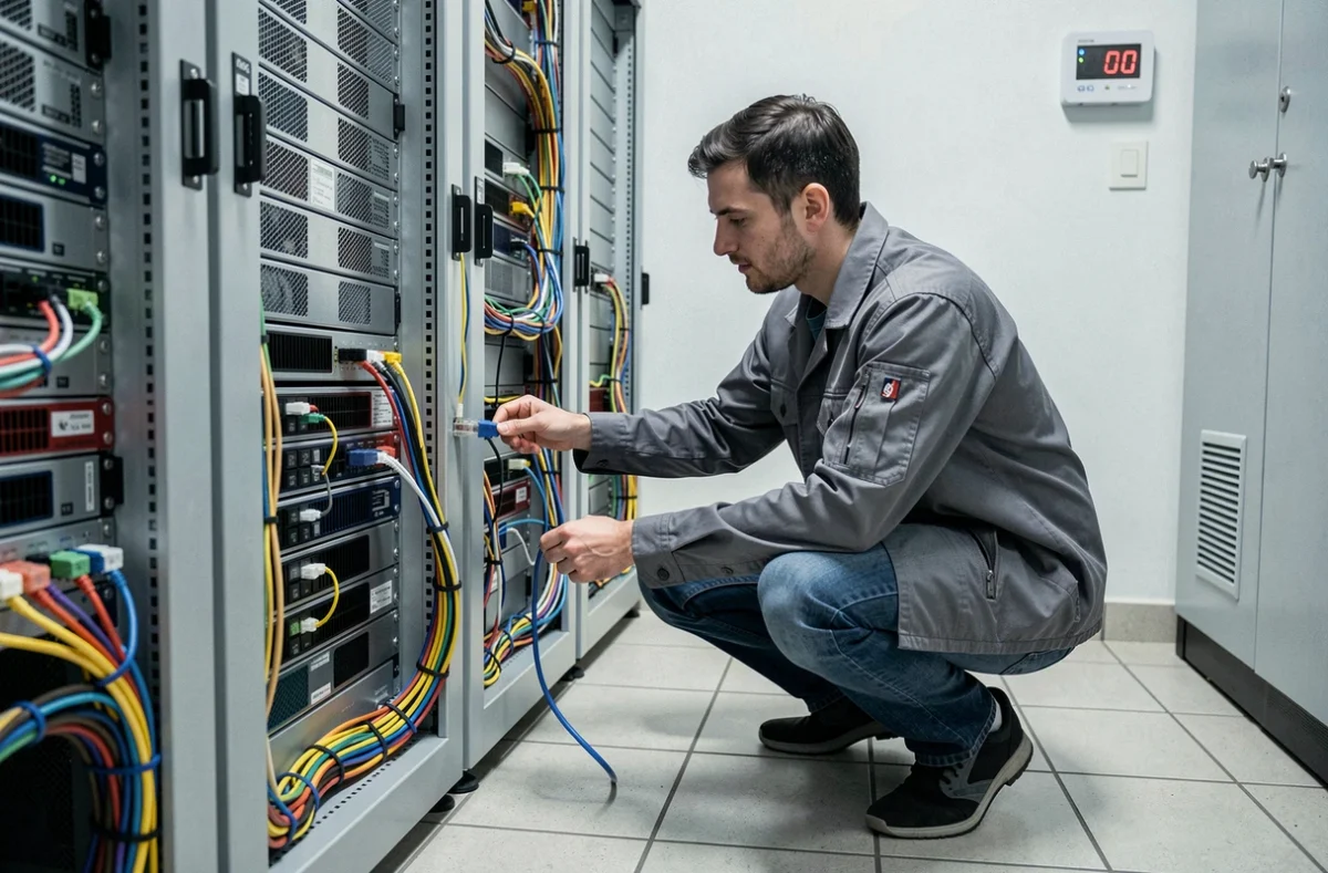 Technicien Iconet câblant un rack de serveurs dans une salle informatique avec des panneaux de brassage organisés