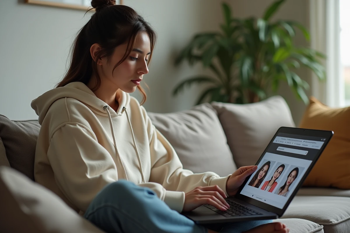 Jeune femme consultant les résultats d'une recherche d'image inversée sur ordinateur portable pour identifier une personne