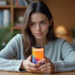 Femme utilisant la fonction imprime écran sur un smartphone Samsung Galaxy dans un bureau à domicile