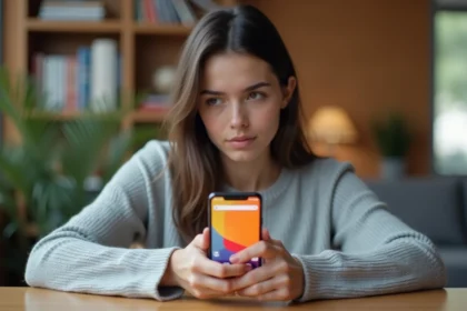 Femme utilisant la fonction imprime écran sur un smartphone Samsung Galaxy dans un bureau à domicile