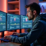 Ingénieur utilisant ASUS Armory Crate pour l'overclocking sur un PC gaming haut de gamme avec refroidissement liquide