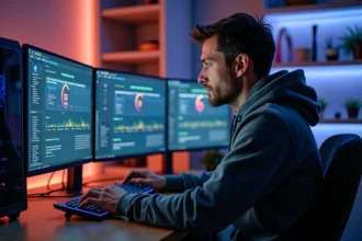 Ingénieur utilisant ASUS Armory Crate pour l'overclocking sur un PC gaming haut de gamme avec refroidissement liquide