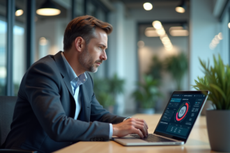 Ingénieur homme en bureau moderne surveillant un tableau digital SST