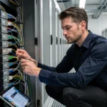Ingénieur réseau configurant un point de distribution dans une salle serveur moderne avec câbles fibre optique