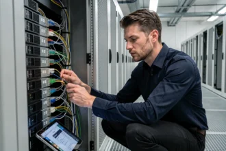 Ingénieur réseau configurant un point de distribution dans une salle serveur moderne avec câbles fibre optique