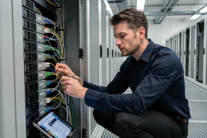 Ingénieur réseau configurant un point de distribution dans une salle serveur moderne avec câbles fibre optique