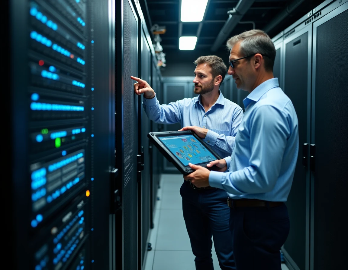 Deux ingénieurs réseau d'une PME examinant l'infrastructure serveur dans le cadre d'une procédure de certification networthiness