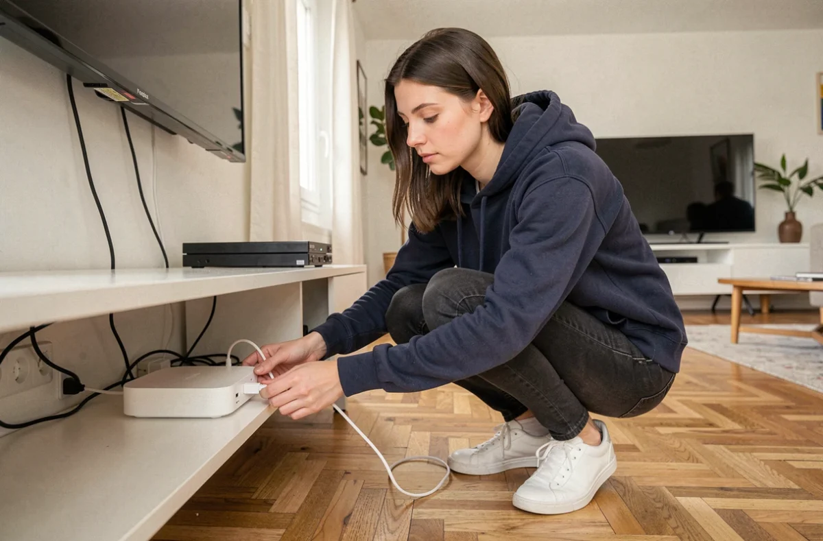 Femme branchant un câble Ethernet sur une Freebox Pop lors de la première installation à domicile