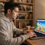 Jeune homme installant une ROM Pokémon GBA sur son ordinateur portable dans un bureau gaming cosy