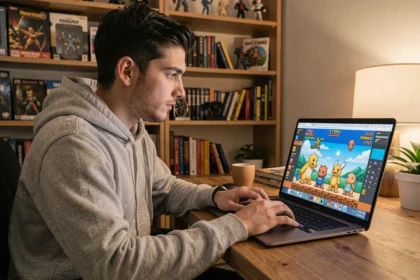 Jeune homme installant une ROM Pokémon GBA sur son ordinateur portable dans un bureau gaming cosy