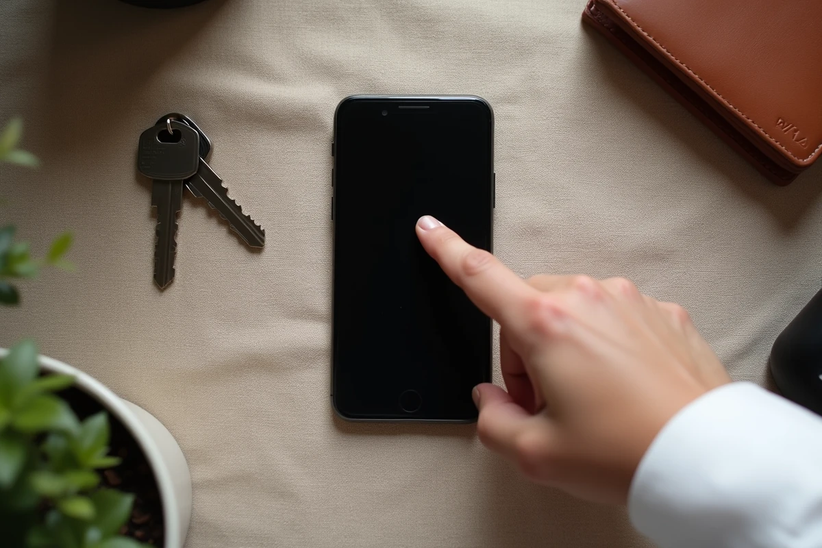 Gros plan sur un iPhone éteint posé sur du lin avec une main pointant l'écran illustrant la localisation d'un appareil hors ligne