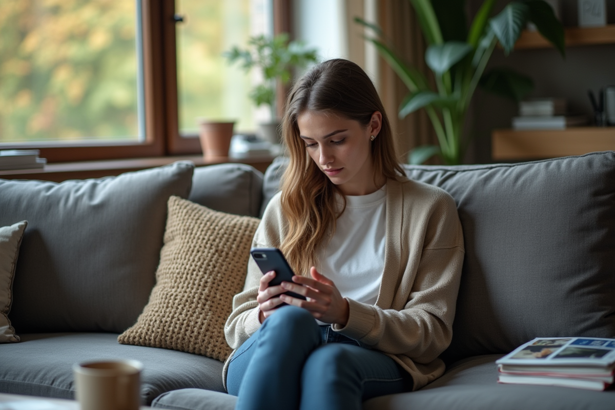 Jeune femme faisant une sauvegarde sur son smartphone à la maison