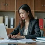 Jeune femme professionnelle archivant des emails au bureau