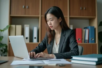 Jeune femme professionnelle archivant des emails au bureau