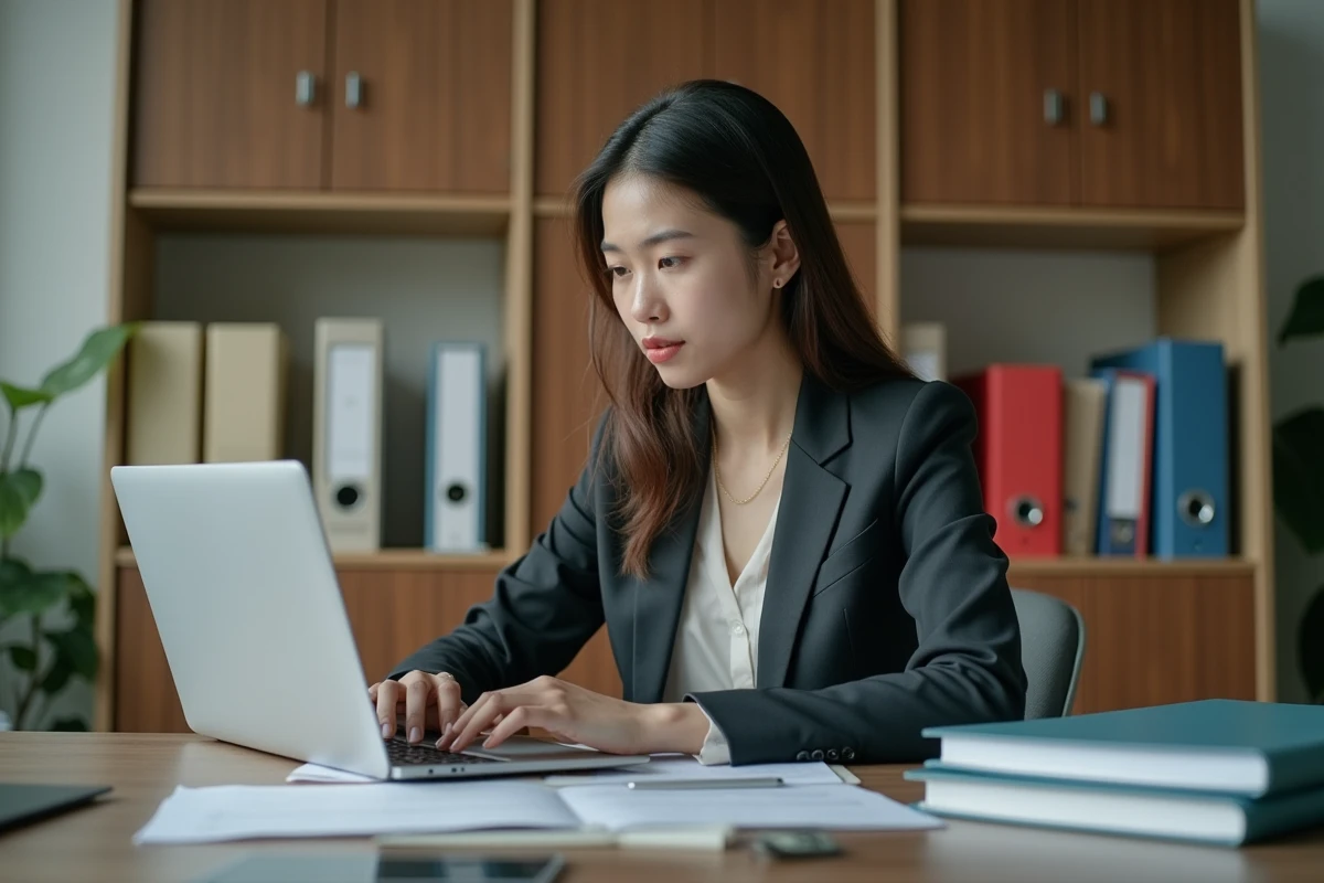 Jeune femme professionnelle archivant des emails au bureau