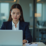 Jeune femme en blazer bleu examine son ordinateur au bureau