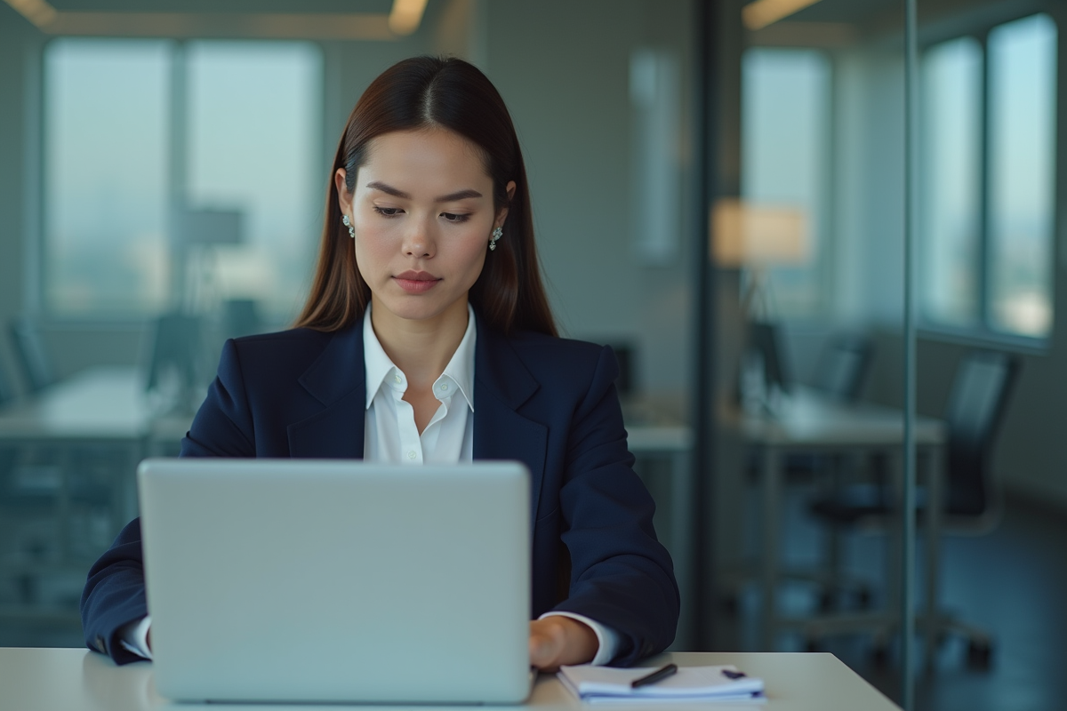 Jeune femme en blazer bleu examine son ordinateur au bureau