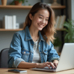 Jeune femme en denim et rayures travaillant sur son ordinateur