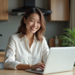 Jeune femme souriante utilisant un ordinateur dans une cuisine moderne