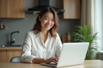 Jeune femme souriante utilisant un ordinateur dans une cuisine moderne