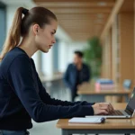 Jeune femme en bureau universitaire met à jour son emploi du temps