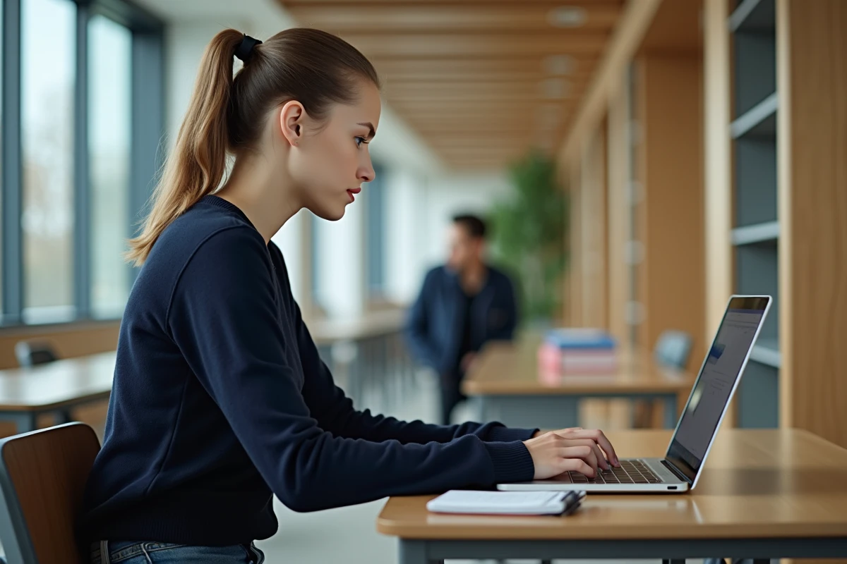 Jeune femme en bureau universitaire met à jour son emploi du temps